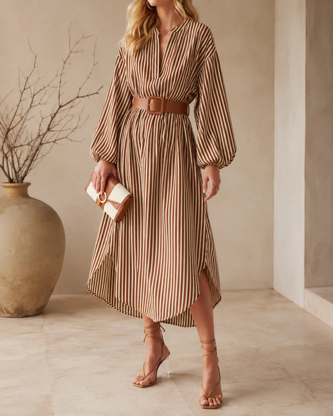 Sienna | Vestido camisero midi de rayas con cinturón