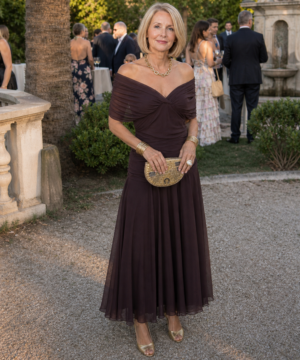 Cassia | Vestido de Noche Fluido con Hombros Descubiertos