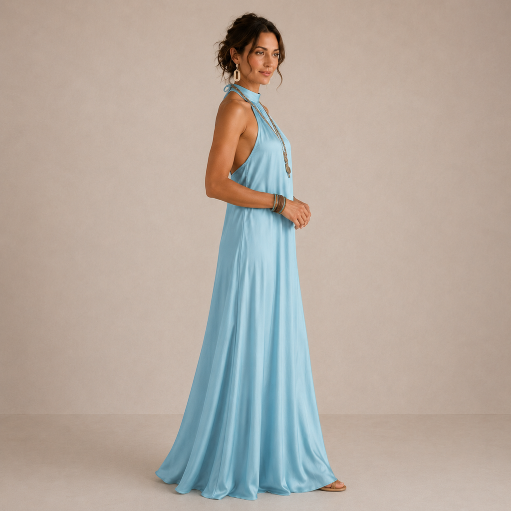 Magnolia | Vestido largo vaporoso azul con cuello halter