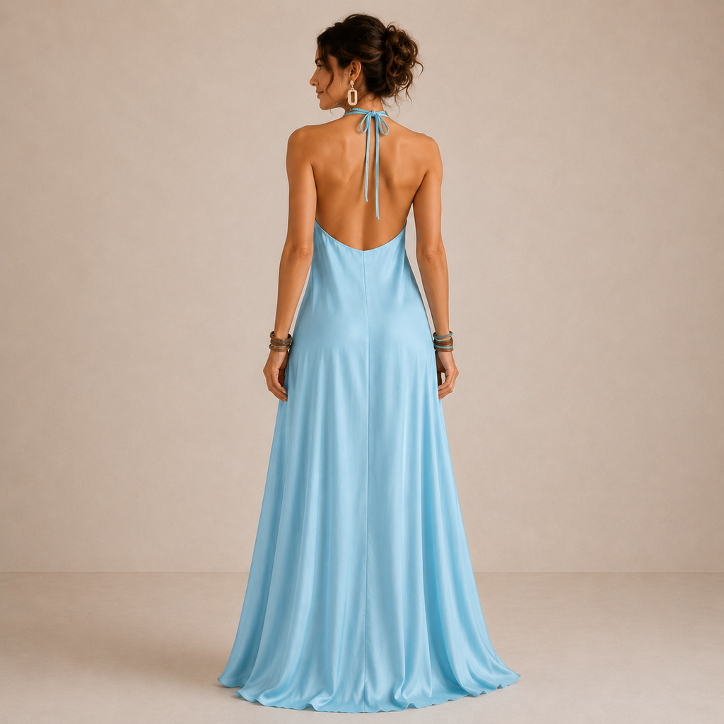 Magnolia | Vestido largo vaporoso azul con cuello halter