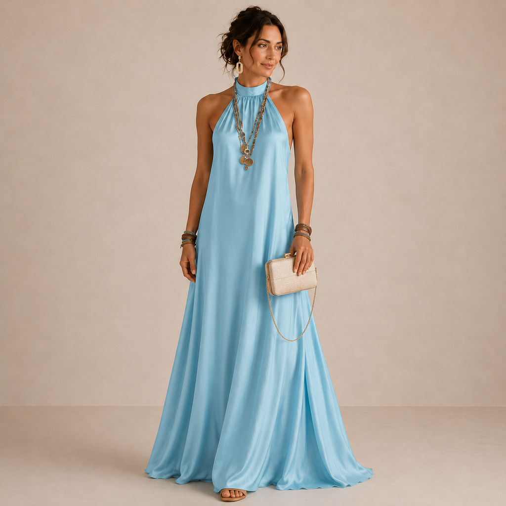 Magnolia | Vestido largo vaporoso azul con cuello halter