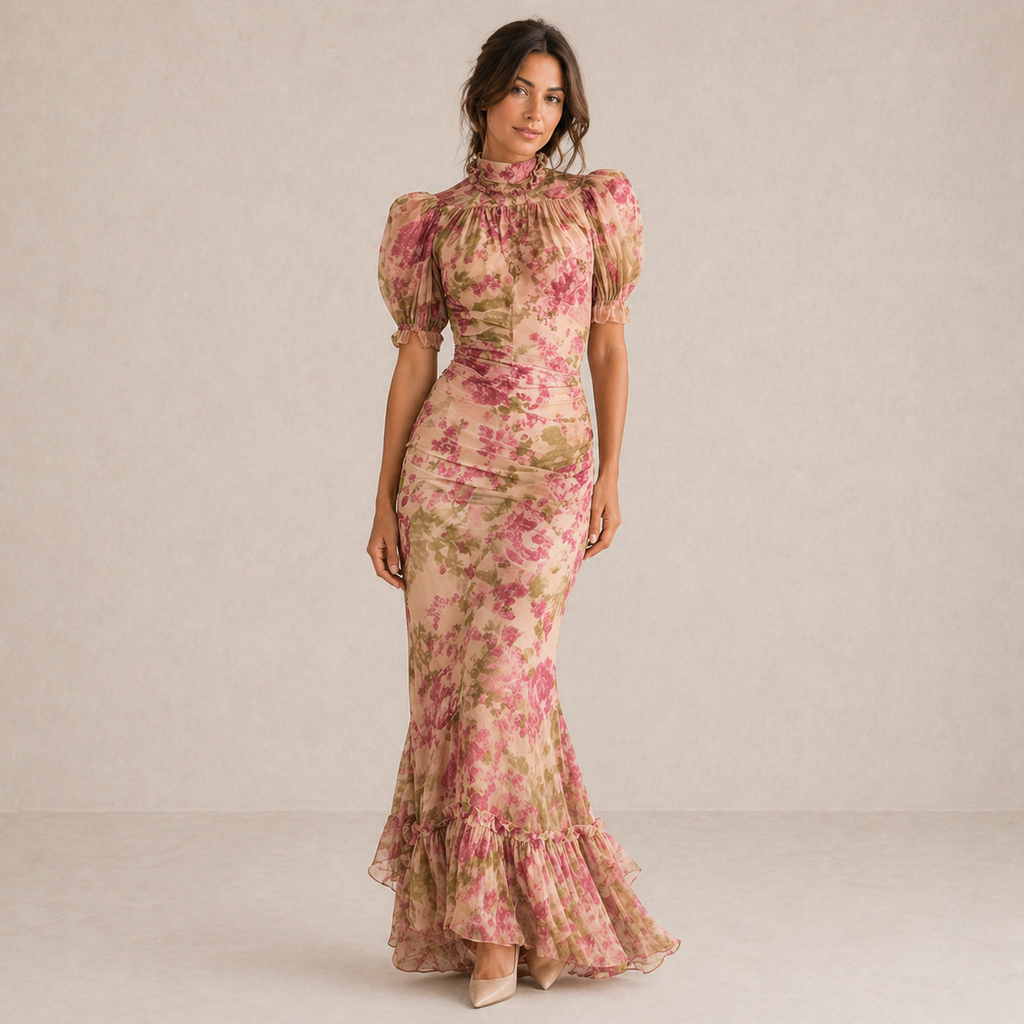 Tamsin | Vestido largo floral con manga abullonada