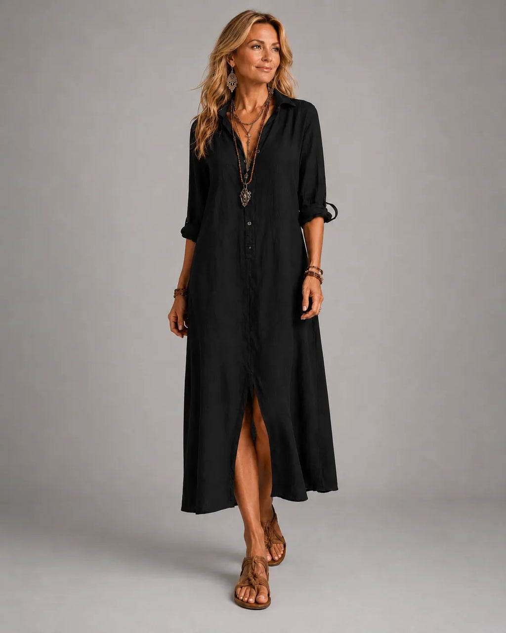 Vestido Largo Bohemio con Botonadura Delantera en Negro