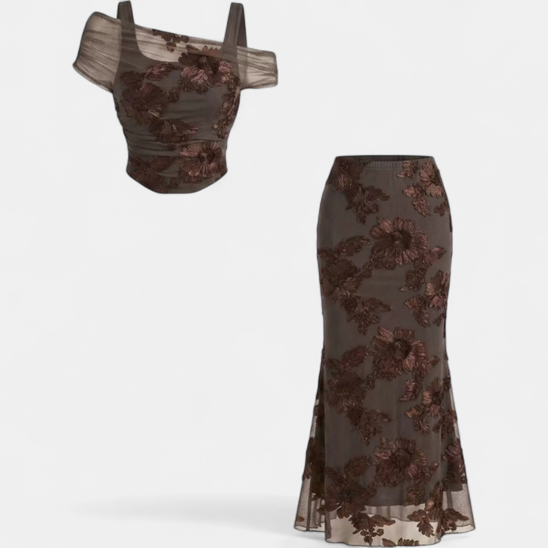 Conjunto de vestido largo de sirena en malla bordada, escote off-shoulder, para mujer