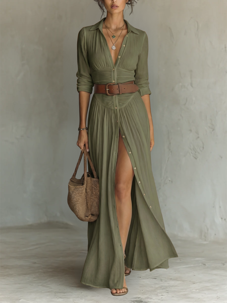 Vestido maxi largo con cuello de solapa y mangas largas para mujer • S1