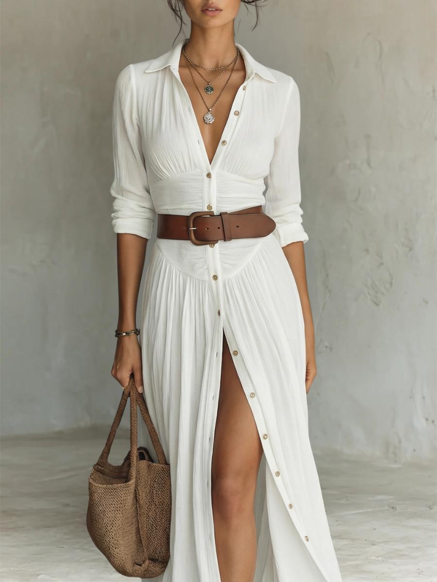 Vestido maxi largo con cuello de solapa y mangas largas para mujer • S1
