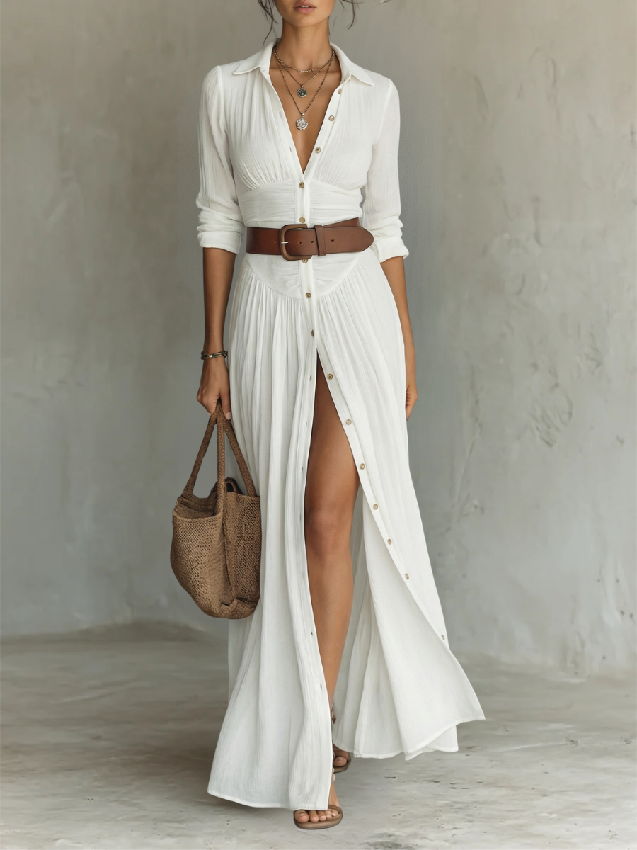 Vestido maxi largo con cuello de solapa y mangas largas para mujer • S1