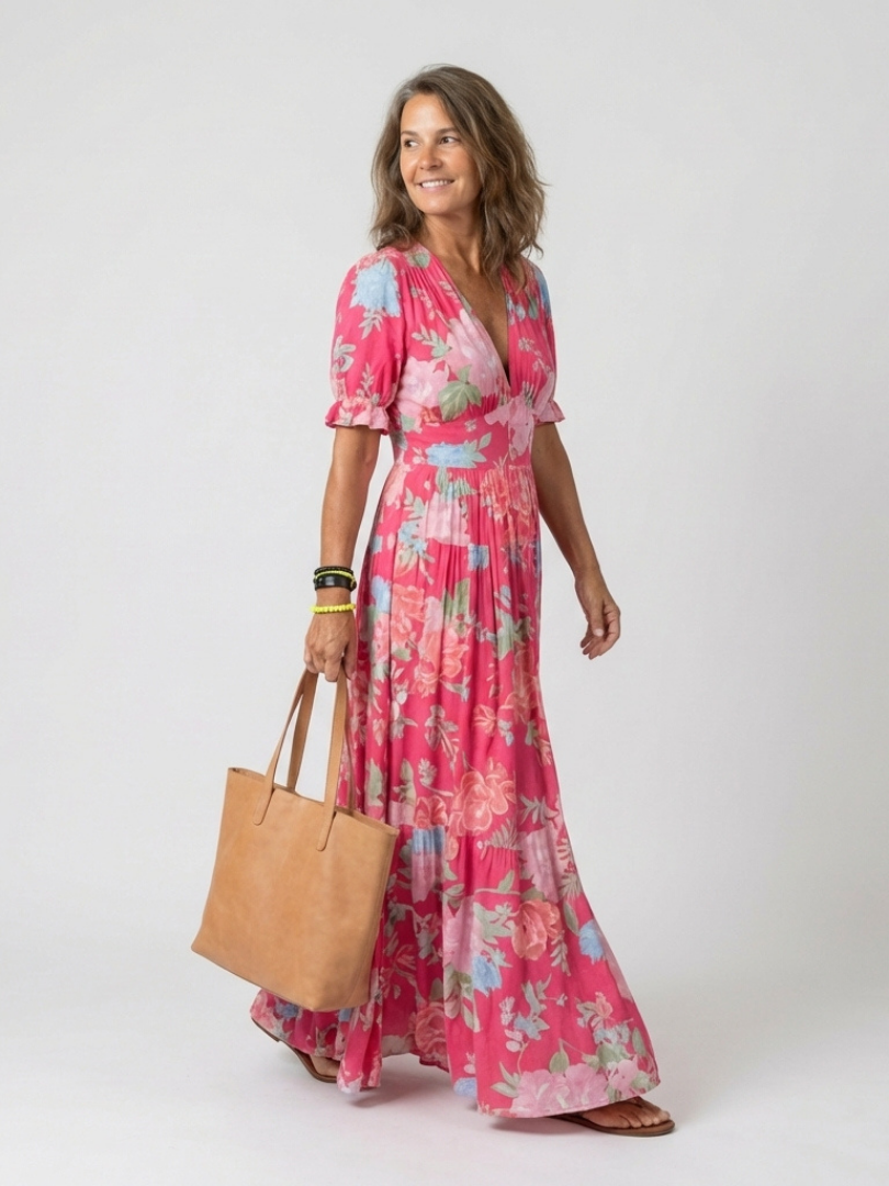 Ione | Vestido midi floral sin mangas con escote en V