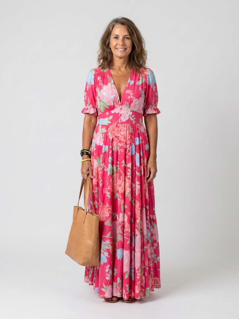 Ione | Vestido midi floral sin mangas con escote en V