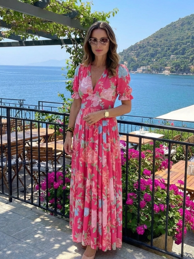 Ione | Vestido Midi Floral de Manga Corta y Escote en V