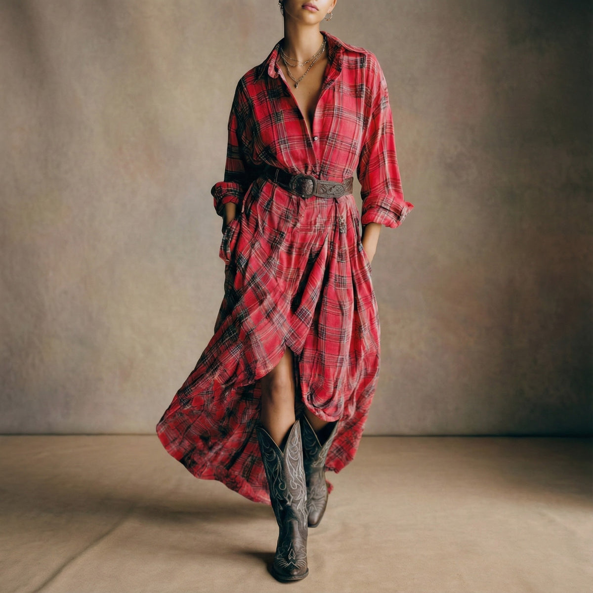 April | Vestido Camisero de Cuadros con Cinturón