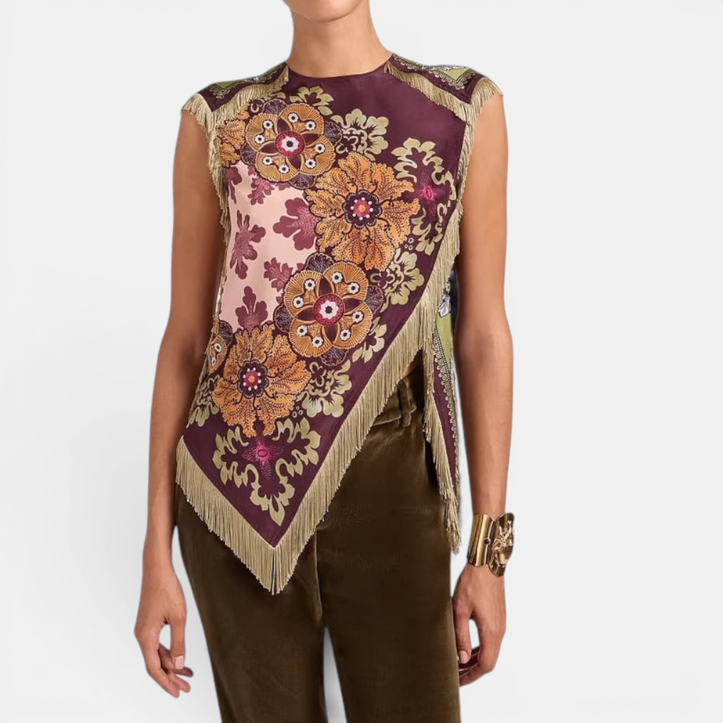 DELWYN™: blusa sin mangas con estampado vintage y borlas