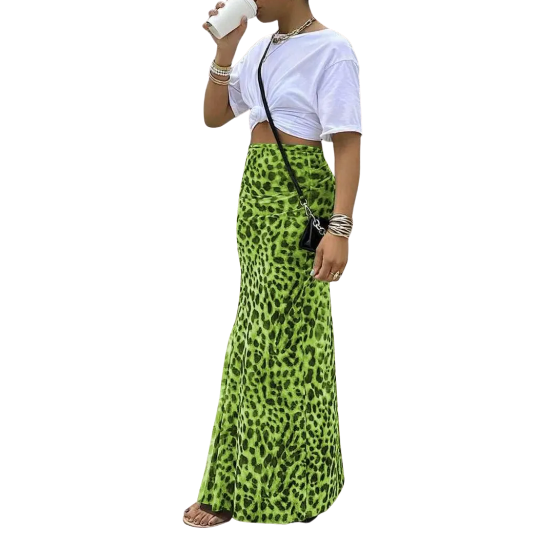 THORA™: falda midi de corte sirena con estampado de leopardo salvaje