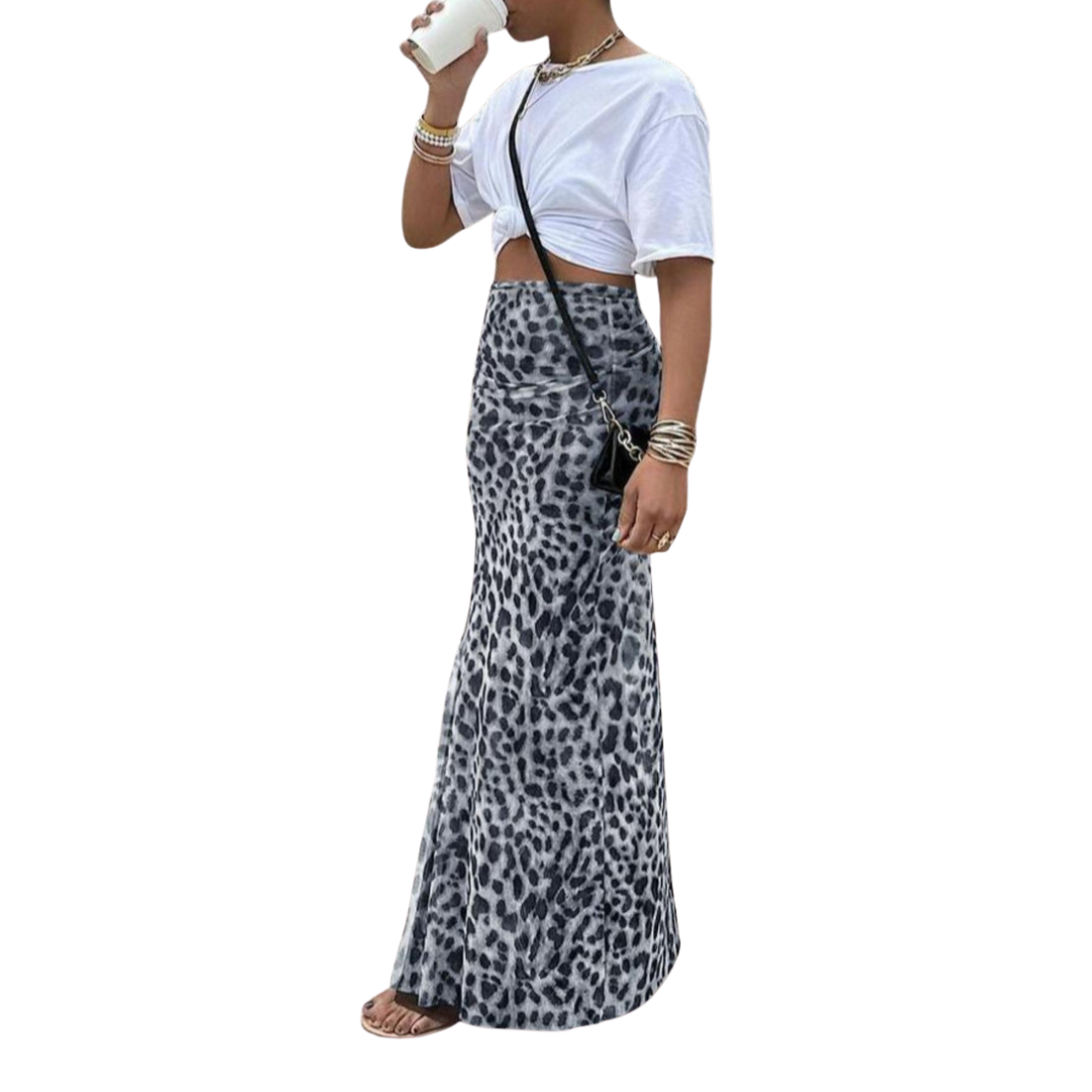 THORA™: falda midi de corte sirena con estampado de leopardo salvaje