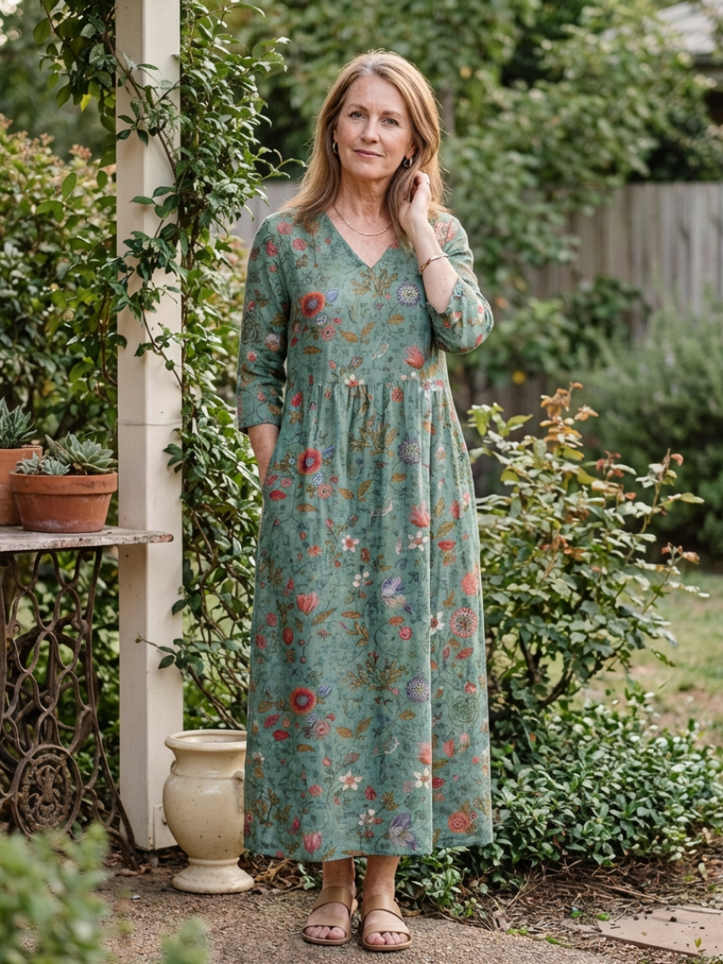 Marina | Vestido Maxi Floral de Manga Tres Cuartos y Escote en V