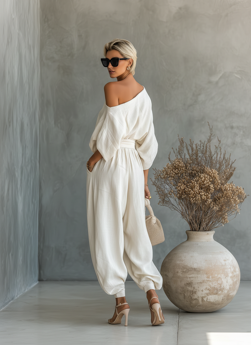 Conjunto de lino blanco roto para mujer con top de hombros descubiertos y pantalones de corte entallado • Talla S1