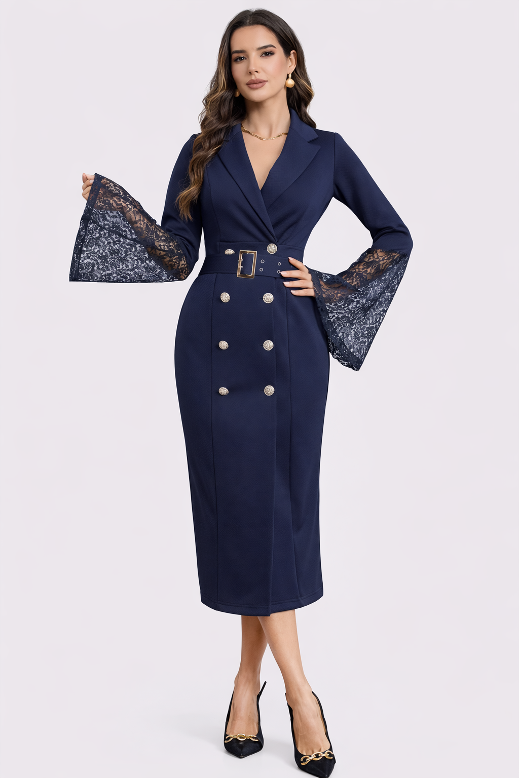 Kerensa | Vestido midi con cinturón y manga de encaje