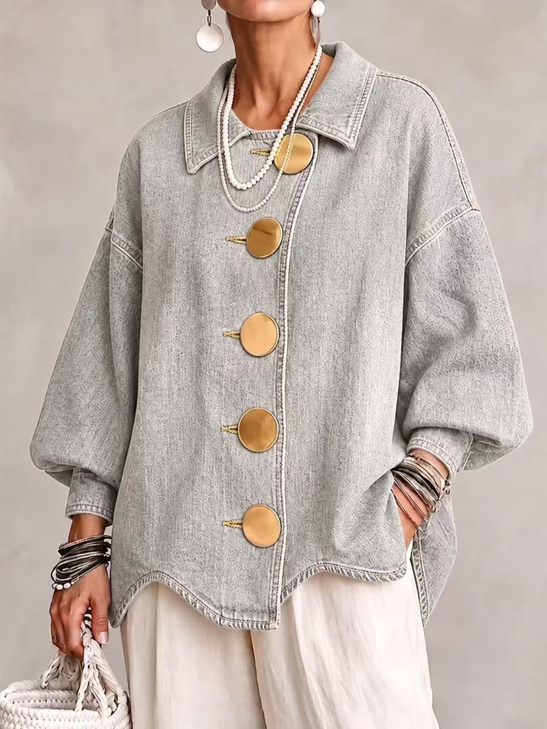 LOLA Chaqueta vaquera oversize con botones dorados - Gris claro
