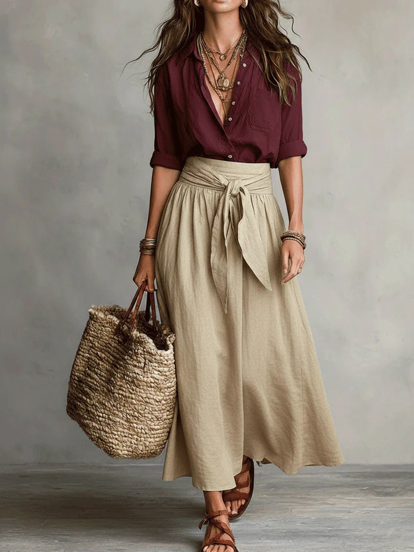 RIVER | Conjunto de Dos Piezas: Top Negro y Falda Midi Verde Oliva