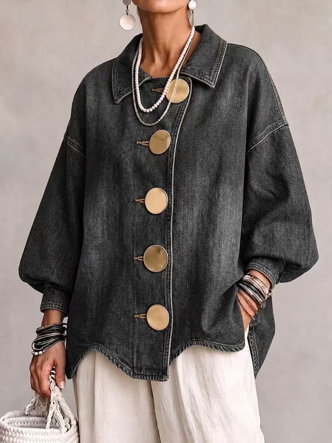 LOLA Chaqueta vaquera oversize con botones dorados - Negro