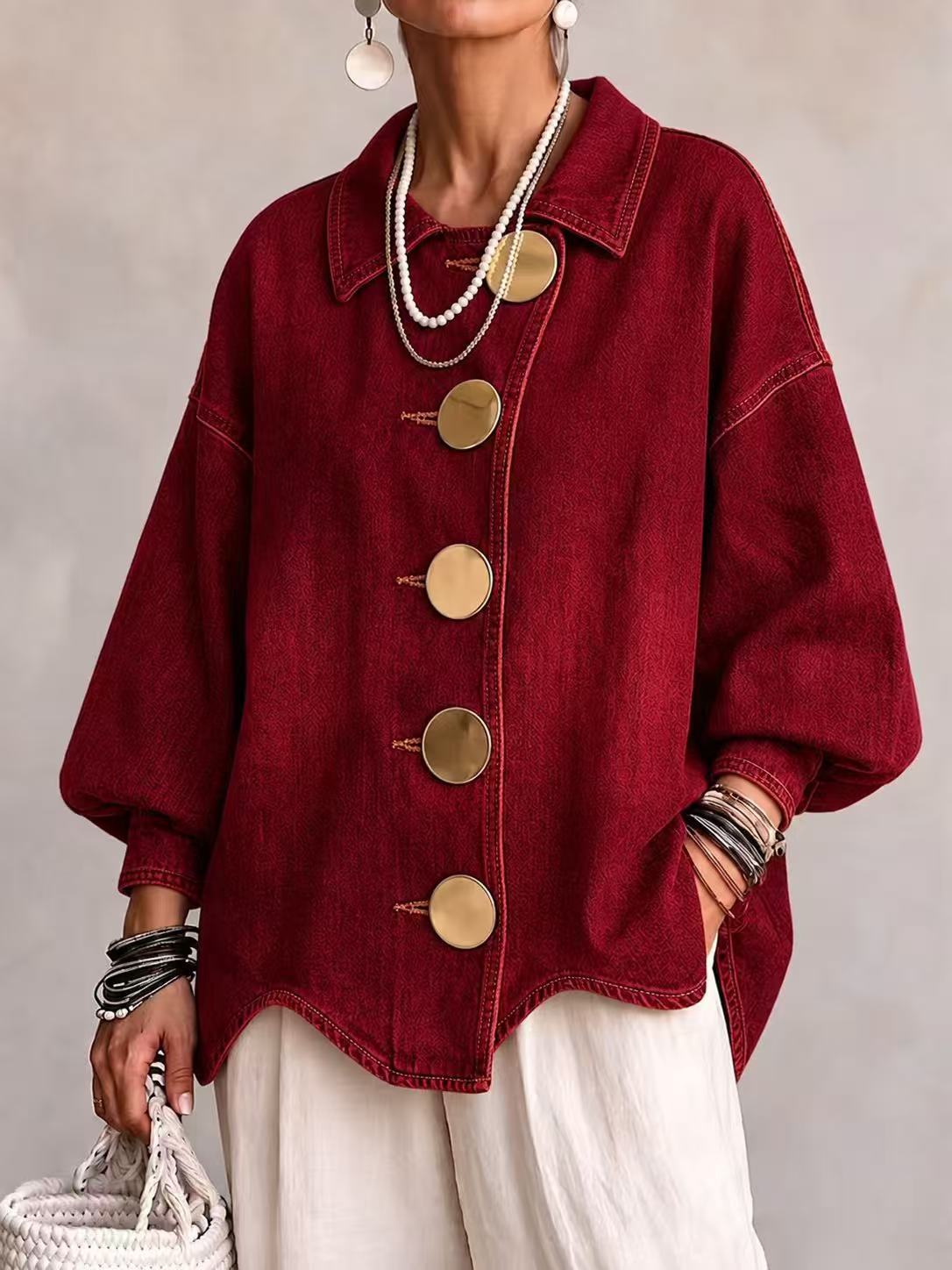 LOLA Chaqueta vaquera oversize con botones dorados - Burdeos