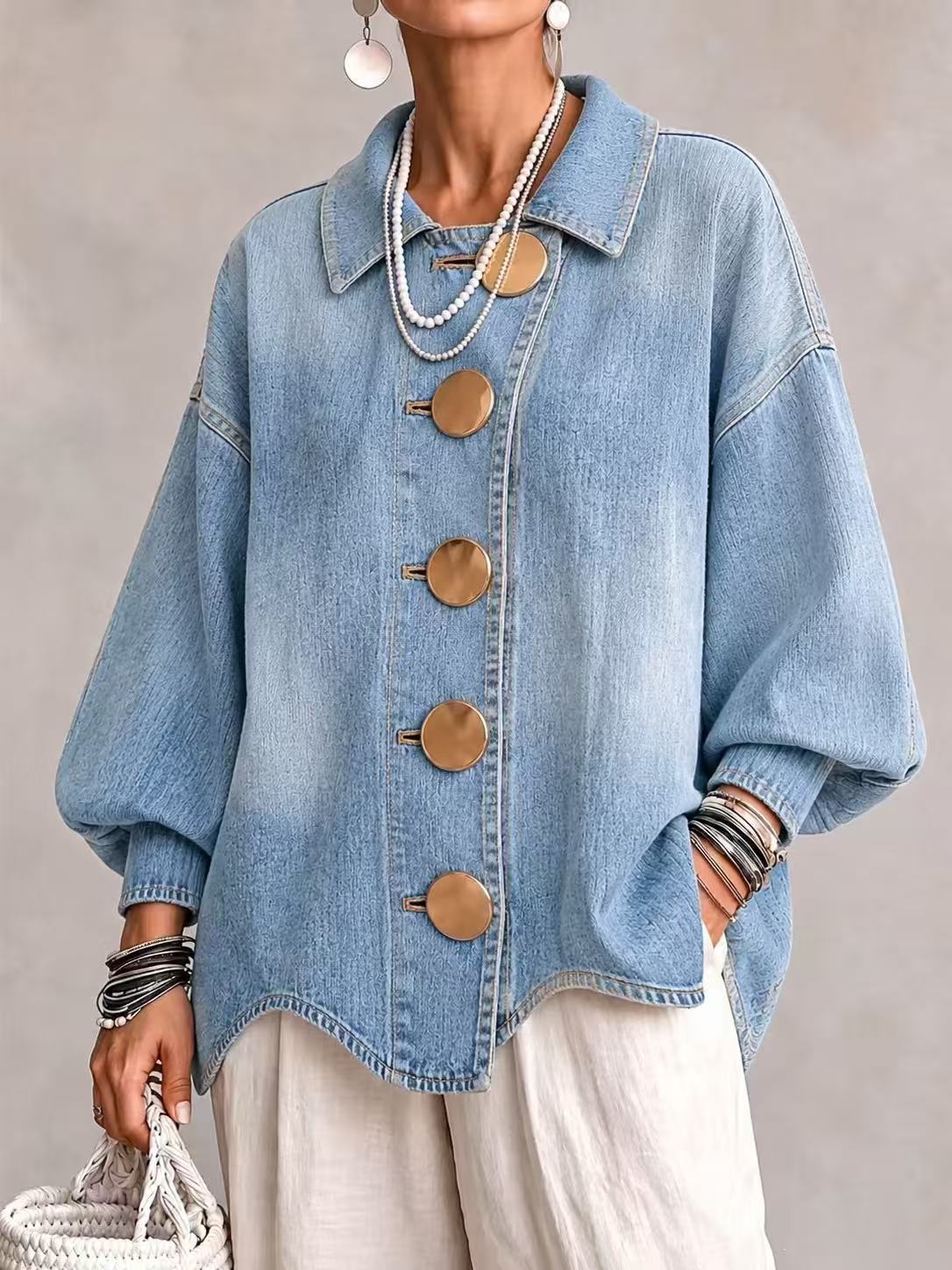LOLA Chaqueta vaquera oversize con botones dorados - Azul claro