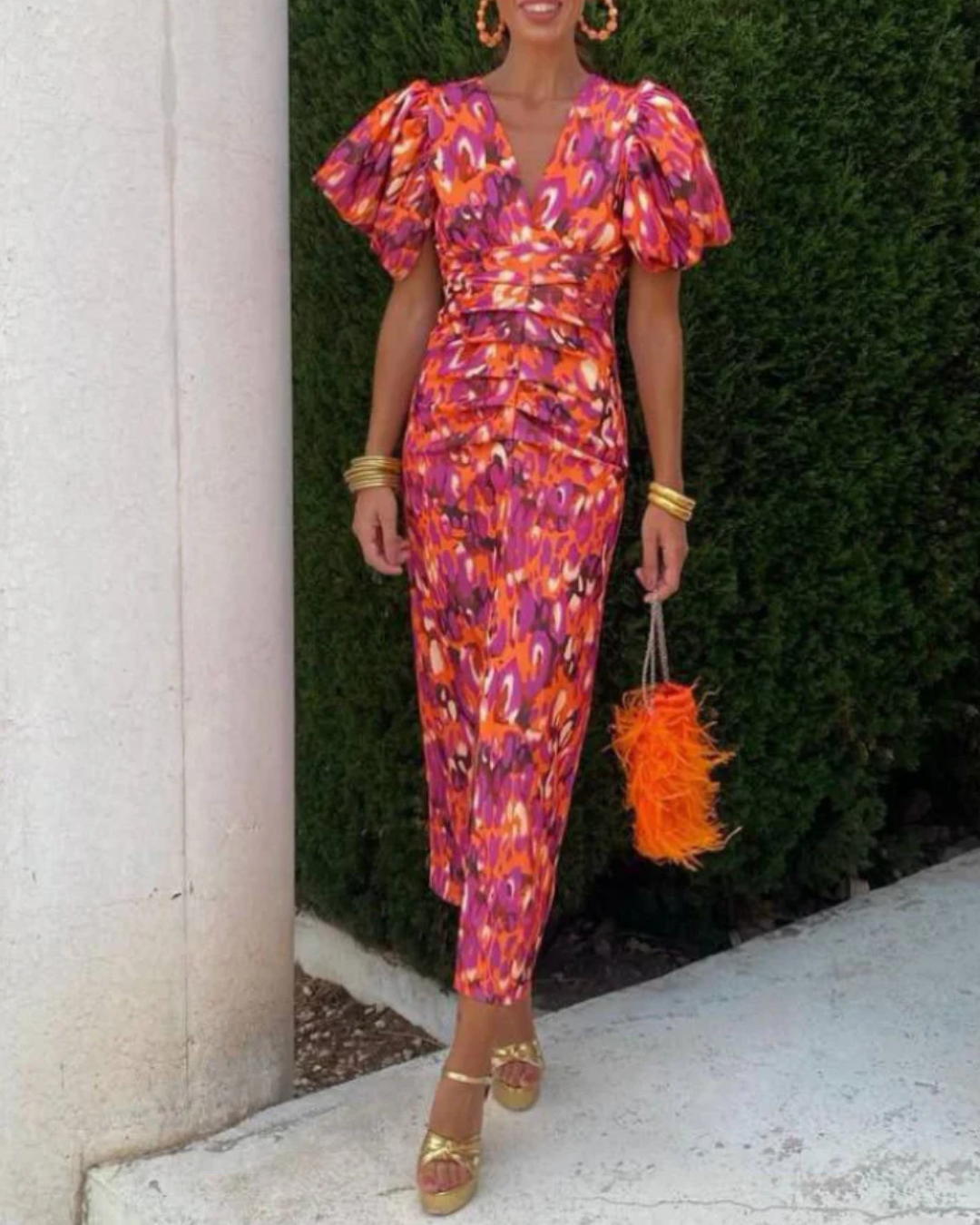 Adriana | Vestido Midi Plisado con Mangas Abullonadas