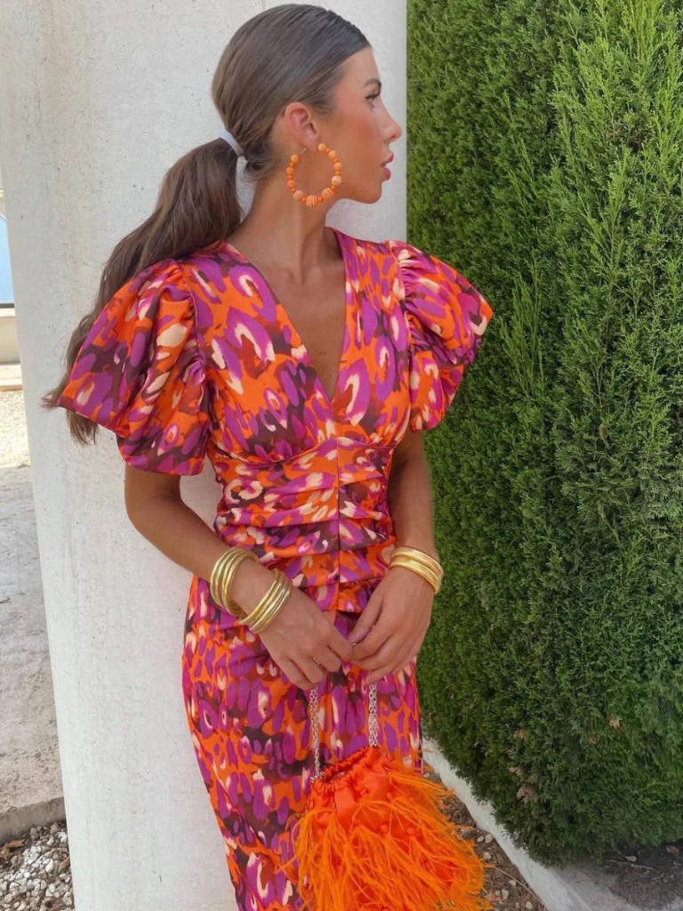 Adriana | Vestido Midi Plisado con Mangas Abullonadas
