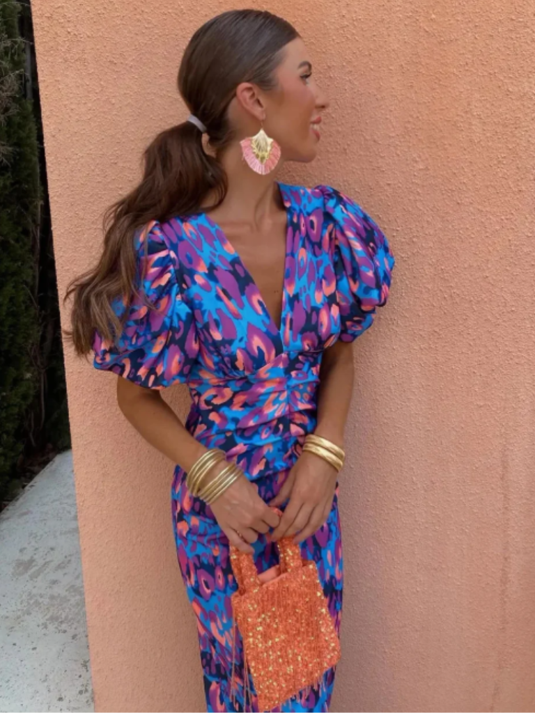 Adriana | Vestido Midi Plisado con Mangas Abullonadas