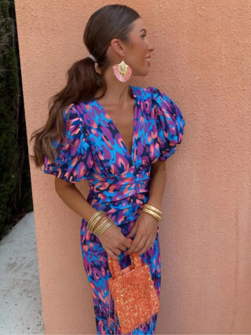 Adriana | Vestido Midi Plisado con Mangas Abullonadas