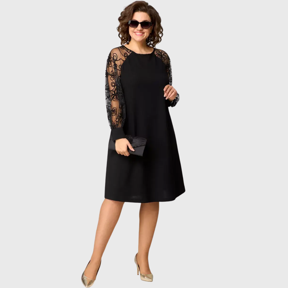 Lauren™: vestido midi negro elegante con mangas de encaje