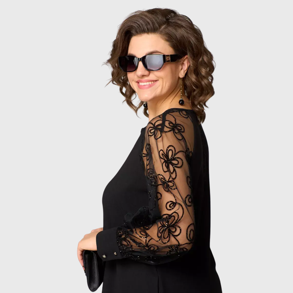 Lauren™: vestido midi negro elegante con mangas de encaje