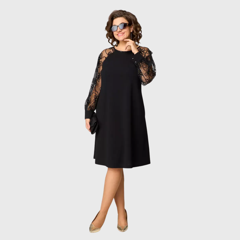 Lauren™: vestido midi negro elegante con mangas de encaje