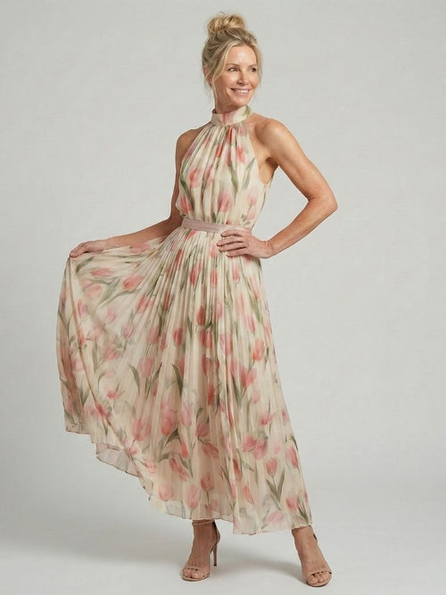 Annette | Vestido Midi Plisado con Cuello Halter