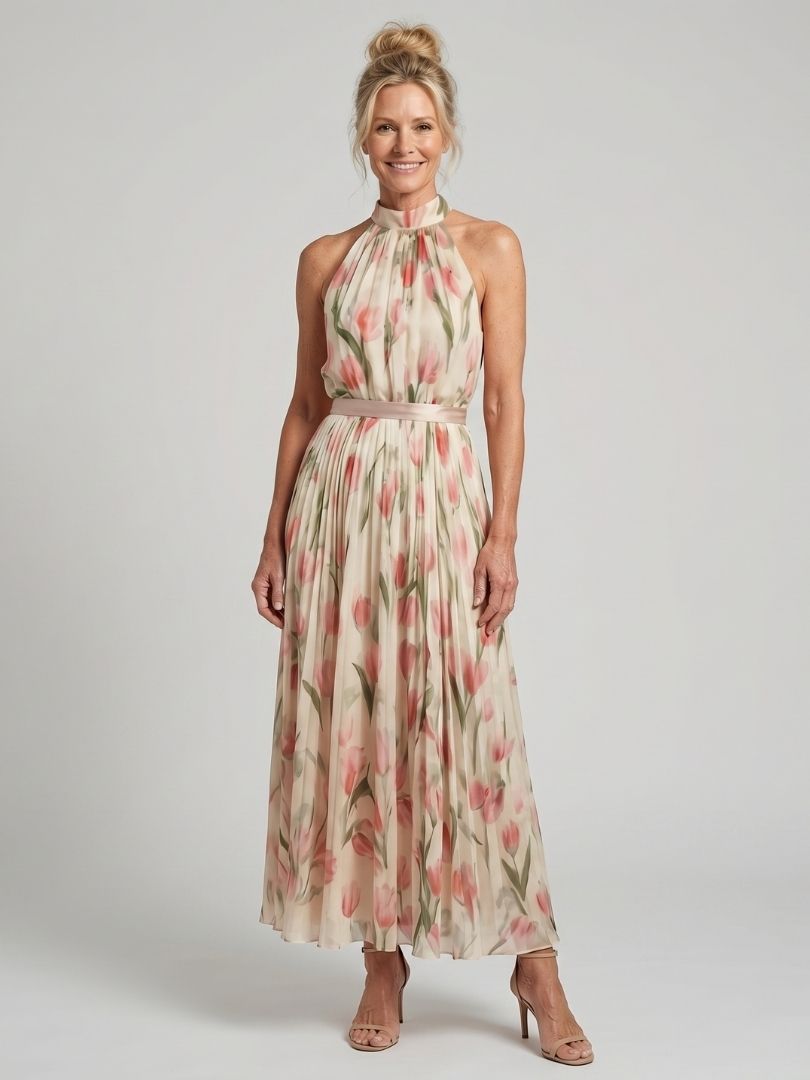 Annette | Vestido Midi Plisado con Cuello Halter