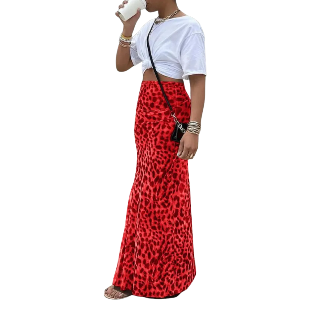 THORA™: falda midi de corte sirena con estampado de leopardo salvaje