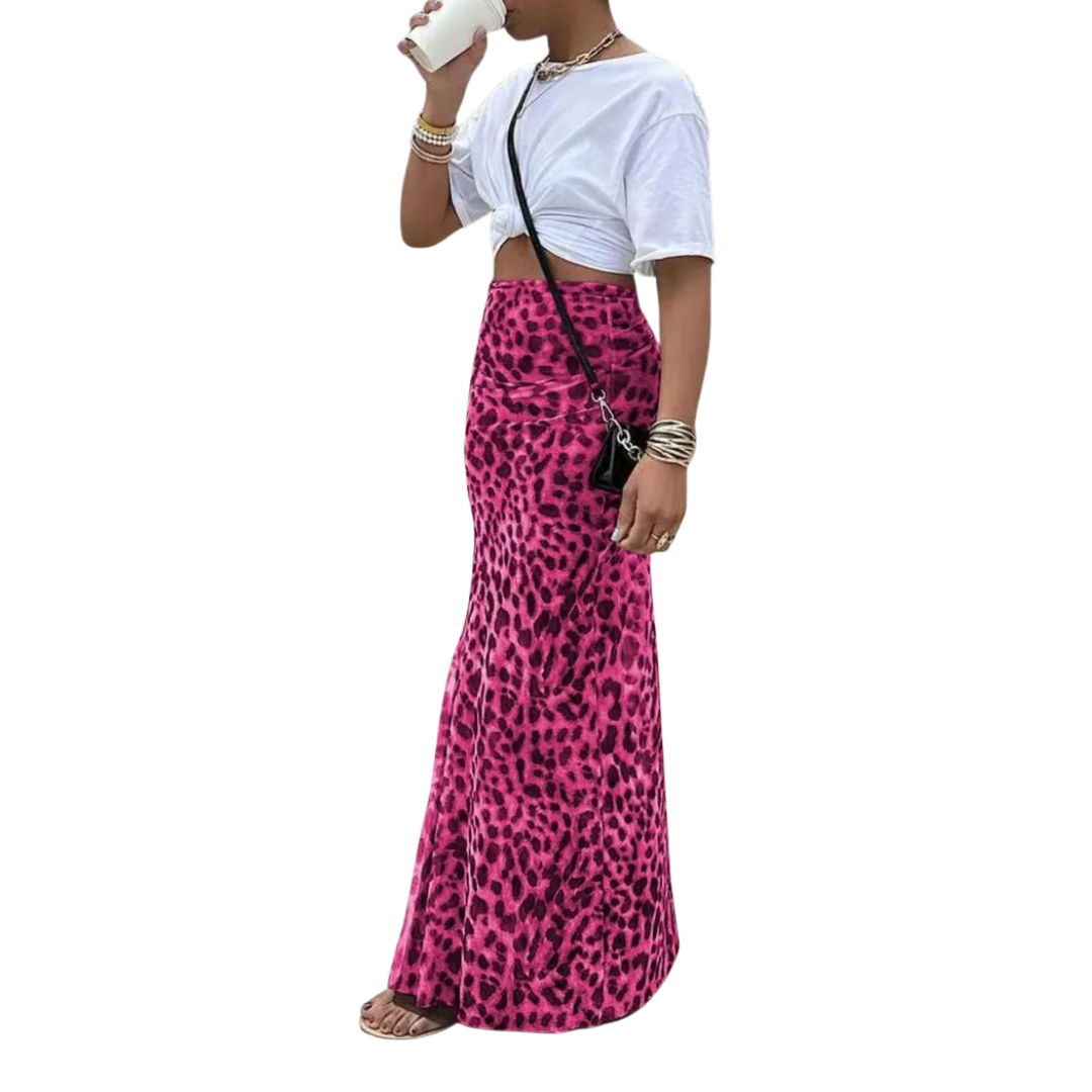 THORA™: falda midi de corte sirena con estampado de leopardo salvaje