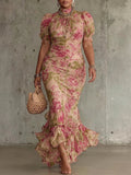 Mae | Vestido largo de manga abullonada con estampado vintage de rosas