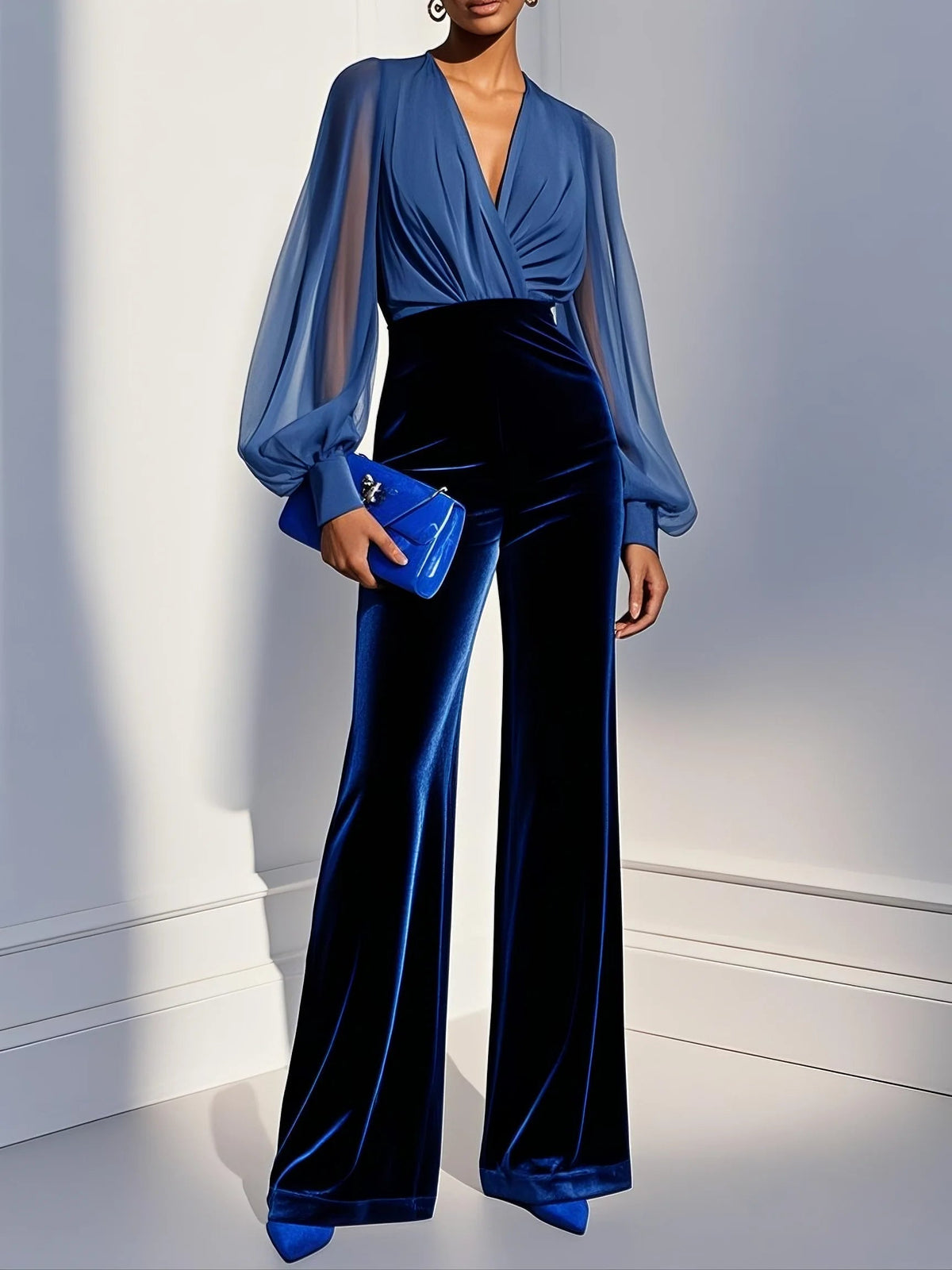 Mono Zaira™ de Terciopelo con Cuello Pico y Pierna Ancha
