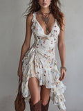 Vestido corto retro de escote en V y tirantes finos con estampado floral