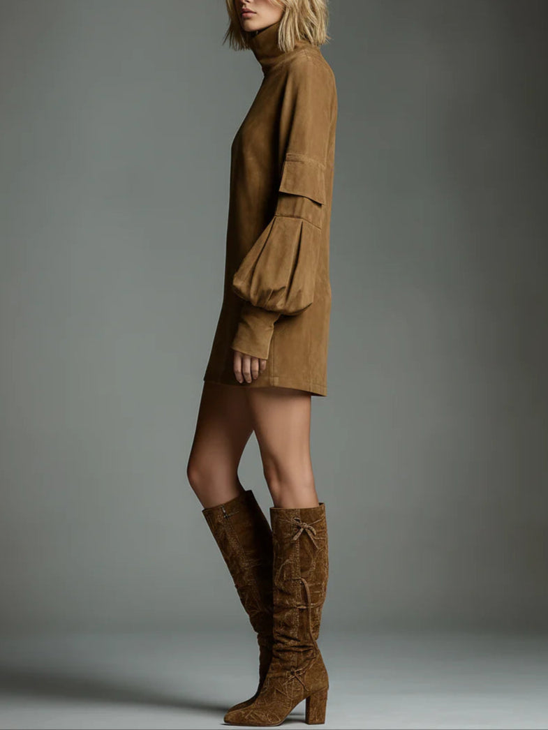 Vestido Mini Holgado de Ante con Cuello Alto
