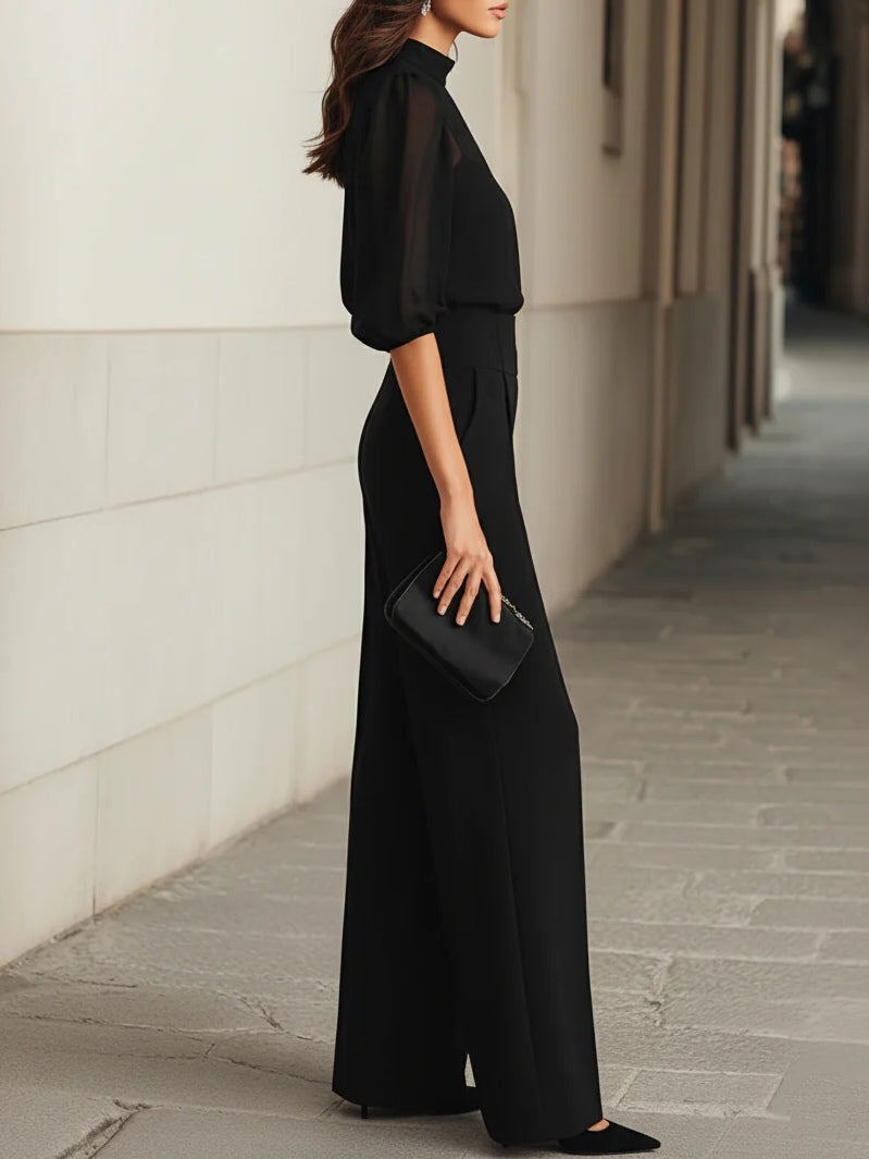 Valentina • Conjunto negro de tres piezas con top de camisola translúcida y pantalones de pierna ancha • S1