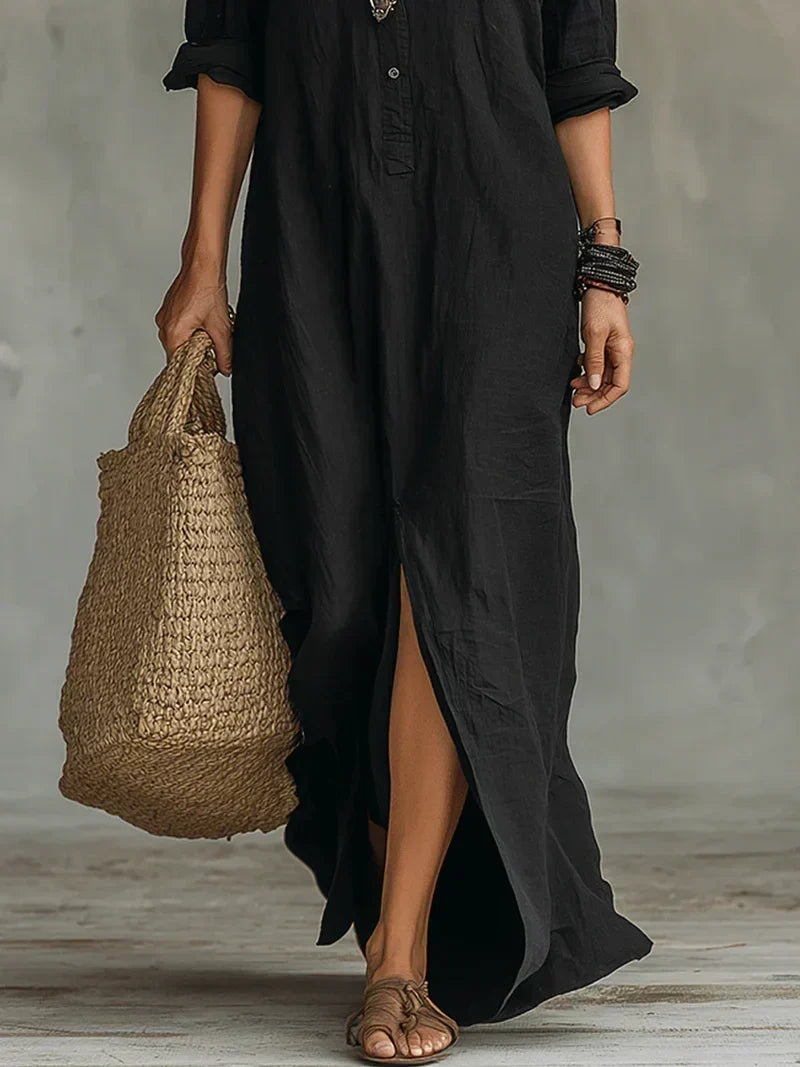 Celine™ | Vestido largo negro con botones