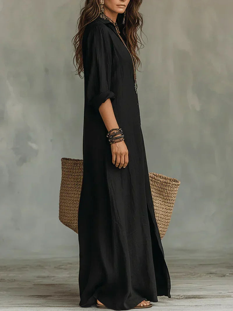 Celine™ | Vestido largo negro con botones
