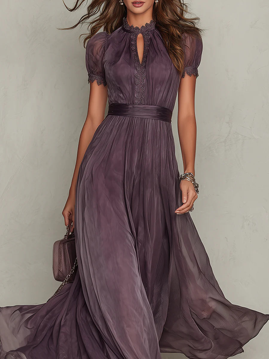 Flavia | Vestido Largo Morado con Escote de Ojo de Cerradura, Ribete de Encaje de Chifón