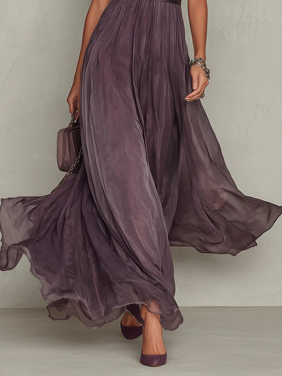 Flavia | Vestido Largo Morado con Escote de Ojo de Cerradura, Ribete de Encaje de Chifón