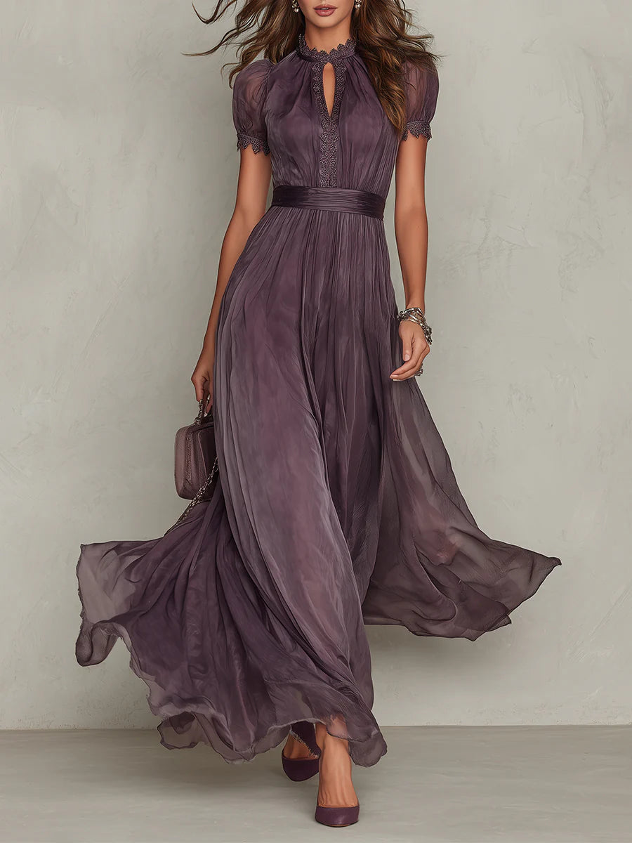 Flavia | Vestido Largo Morado con Escote de Ojo de Cerradura, Ribete de Encaje de Chifón