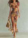 Vestido Maxi de Gasa Naranja Bohemio con Estampado de Pintura al Óleo