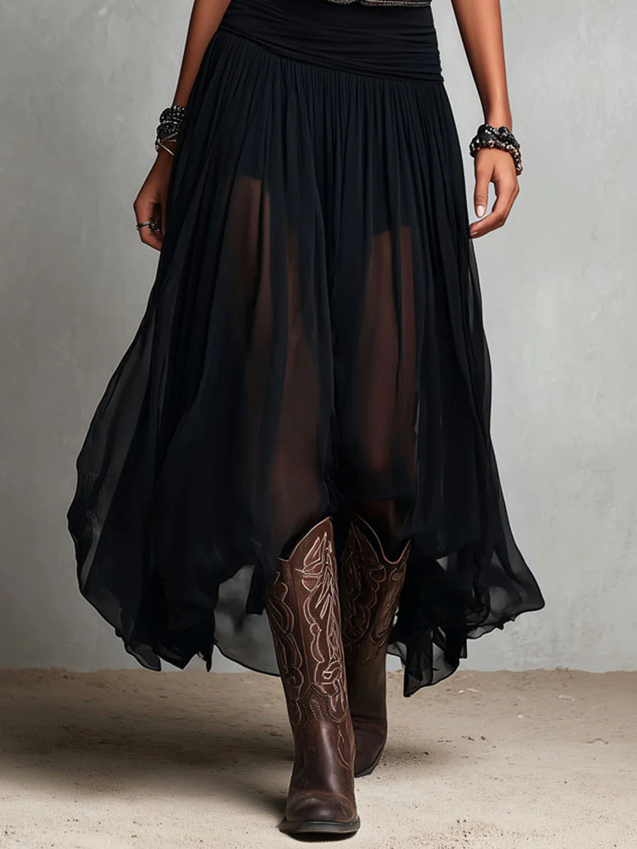 Vestido Maxi Negro con Top de Tirantes sin Mangas y Falda de Tul (con cinturón)