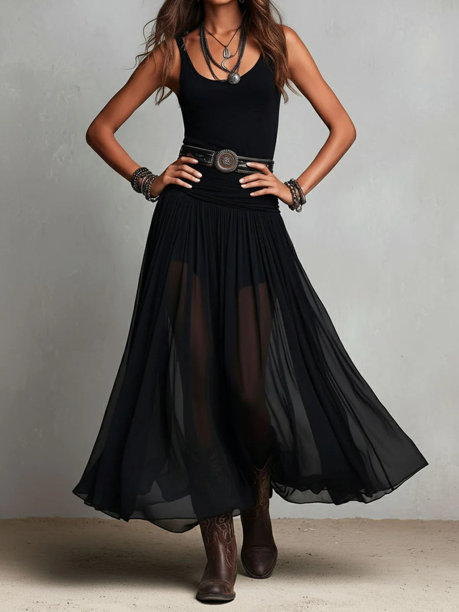 Vestido Maxi Negro con Top de Tirantes sin Mangas y Falda de Tul (con cinturón)